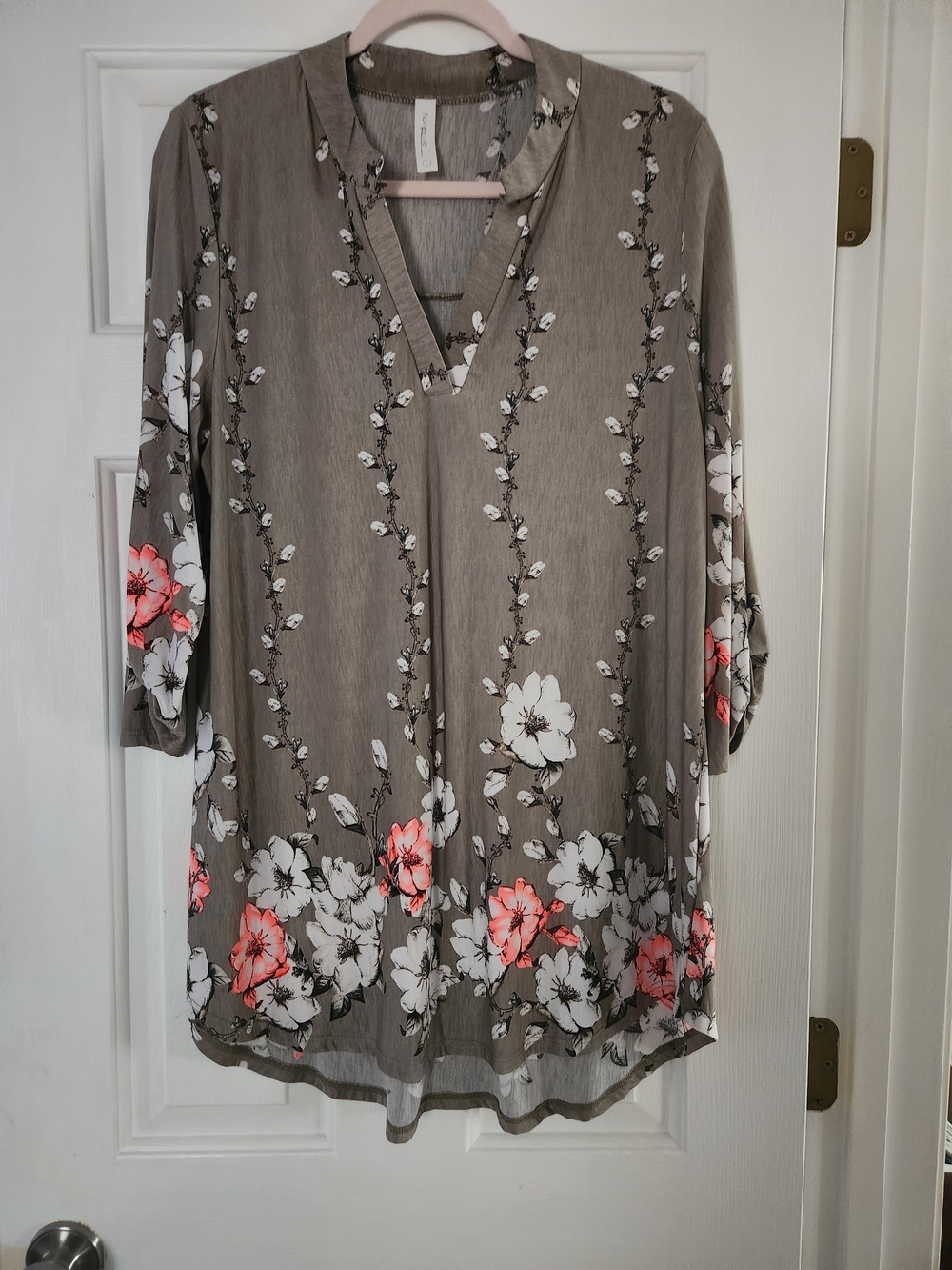 Honeyme Taupe Floral V-Neck Tunic with Coral Accents